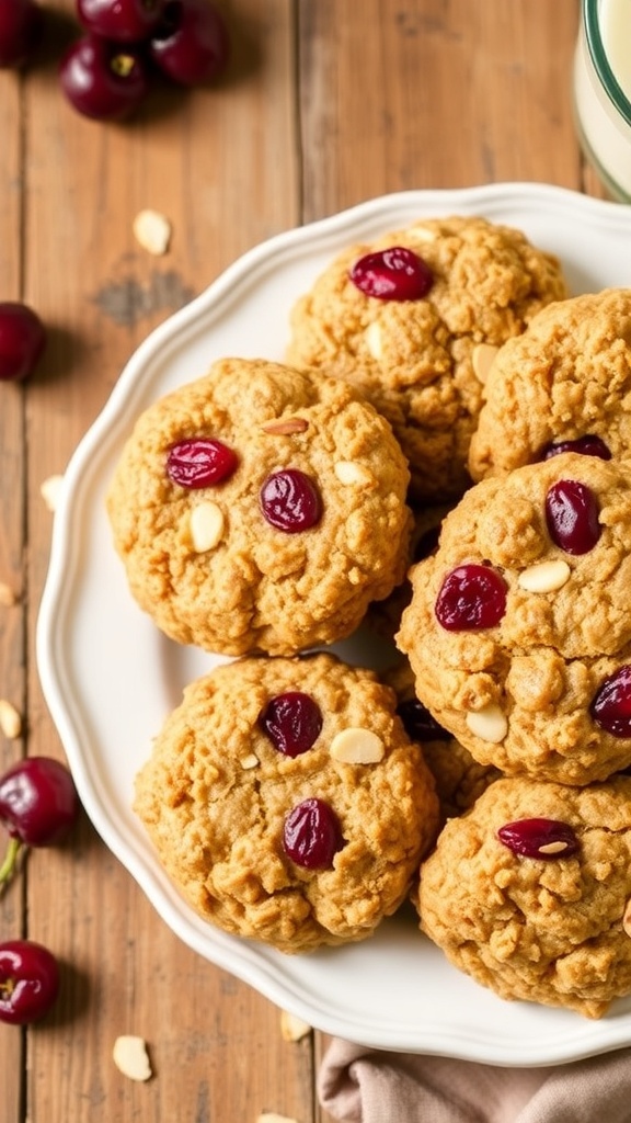 A plate of golden brown oatmeal cookies with dried cherries and almonds, accompanied by a glass of milk.
